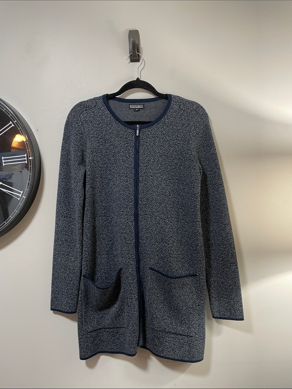 Nicole Miller Navy Heathered Zip-Front Knit Jacket